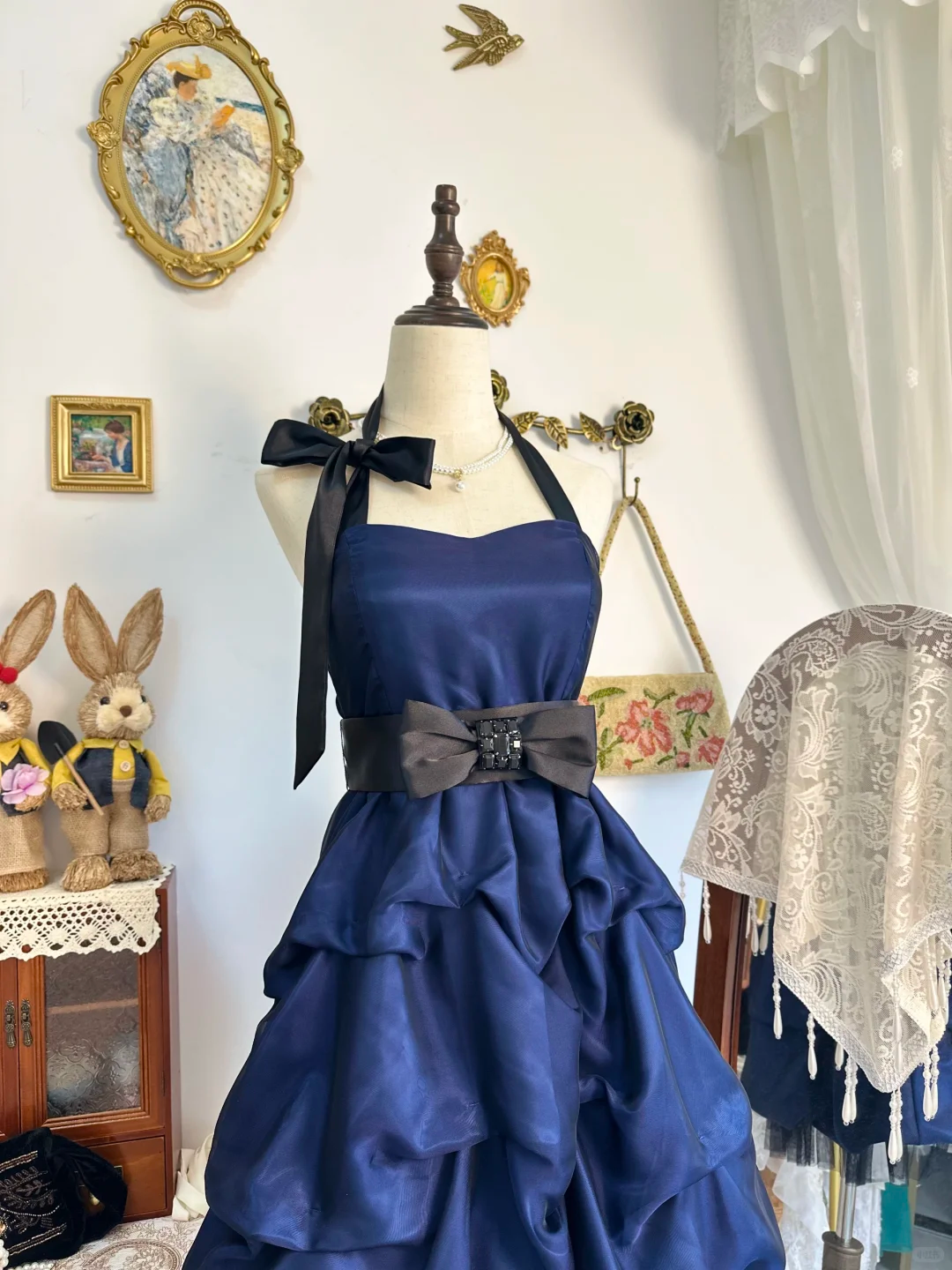Vintage Blue Halter Satin Pleated Short Homecoming Dress Cocktail Dress Y9473