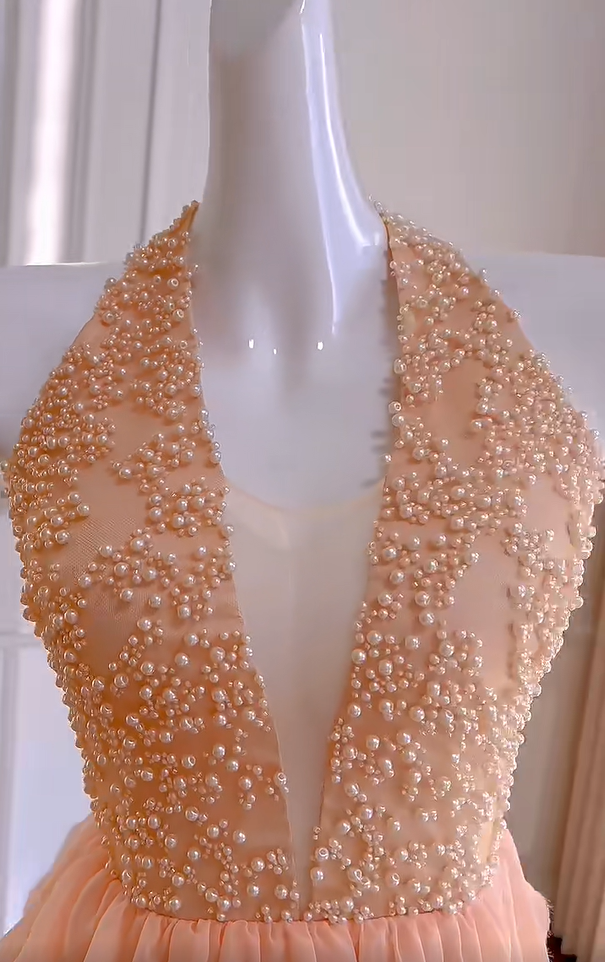 Pretty Halter Beaded Chiffon Cocktail Dress Orange A Line Homecoming Dress Y9048