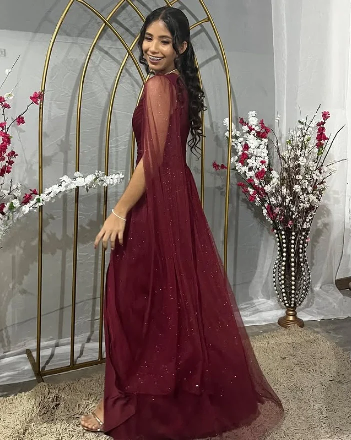 Pretty Burgundy One Shoulder Tulle Sequins Evening Gown Slit Prom Dress Y7826