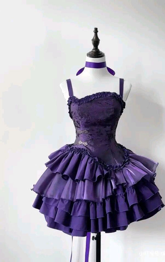 Classy Spaghetti Straps Purple Satin Layered A Line Short Cocktail Dress Formal 6th Grade Homecoming Dress Y9098
