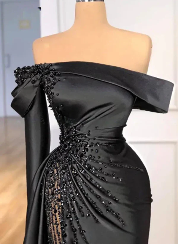 Fashion Black Beaded Satin Sheath Prom Dress,Off The Shoulder Long Evening Dress Y8030