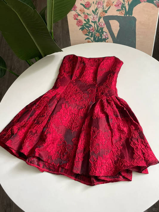 Vintage Burgundy Satin Print Floral A Line Short Cocktail Dress Formal Graduation Homecoming Dress Y9217