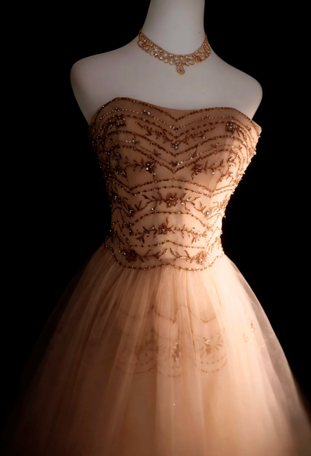 Charming Strapless Tulle Beaded Long Birthday Prom Dress Evening Dress SP1841