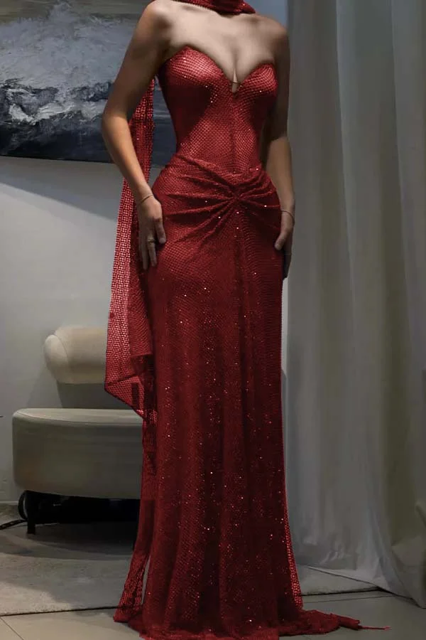 Elegant Royal Blue Tulle Sequin Strapless Mermaid Prom Dress Evening Gown With Ribbon Y9499