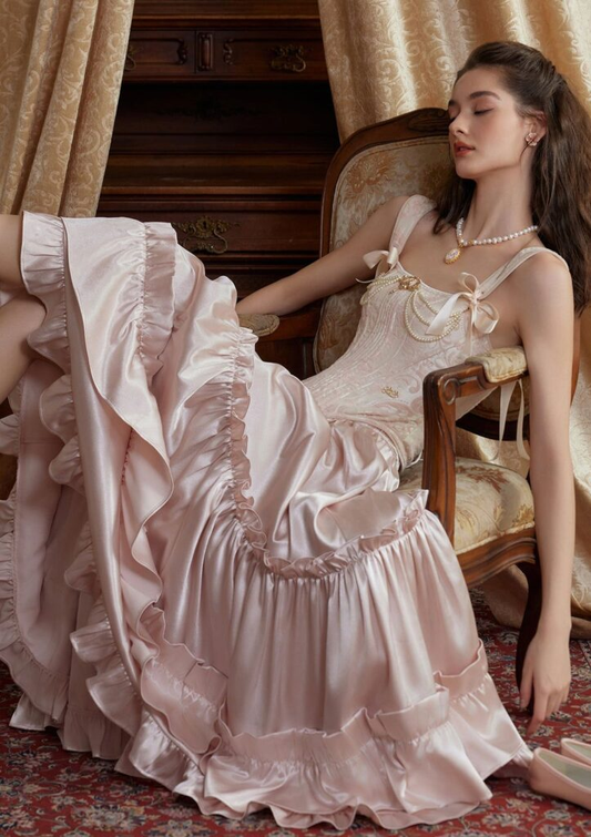 Classy Pink Satin Beaded Ruffle Prom Dress,A Line Long Evening Dress Y8373