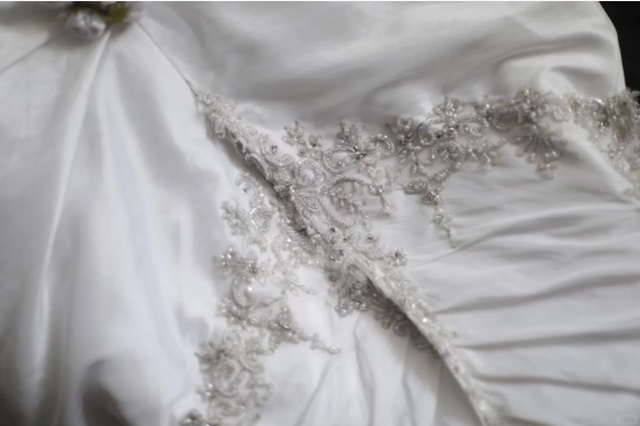 Classy White Strapless Satin Pleated Beaded Appliques Mermaid Long Wedding Dress SP670