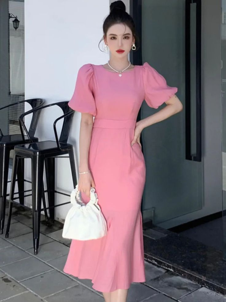 Classy Pink Puff Sleeves Mid-length Prom Dress,Pink Evening Dress Y711 Simplepromdress Classy Pink Puff Sleeves Mid-length Prom Dress,Pink Evening Dress Y711 Simplepromdress