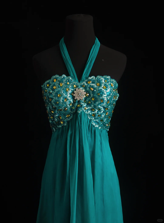Chic Halter Teal Chiffon Beaded Embroidery Long Birthday Party Dress Prom Gowns SP2153