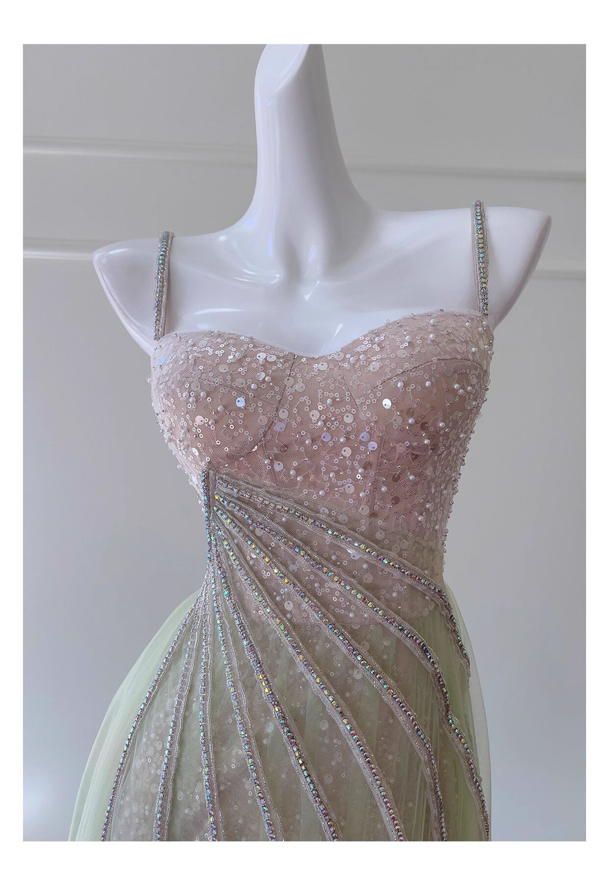 Sparkly Light Green Tulle Sequins Spaghetti Straps Homecoming Dress Y8825