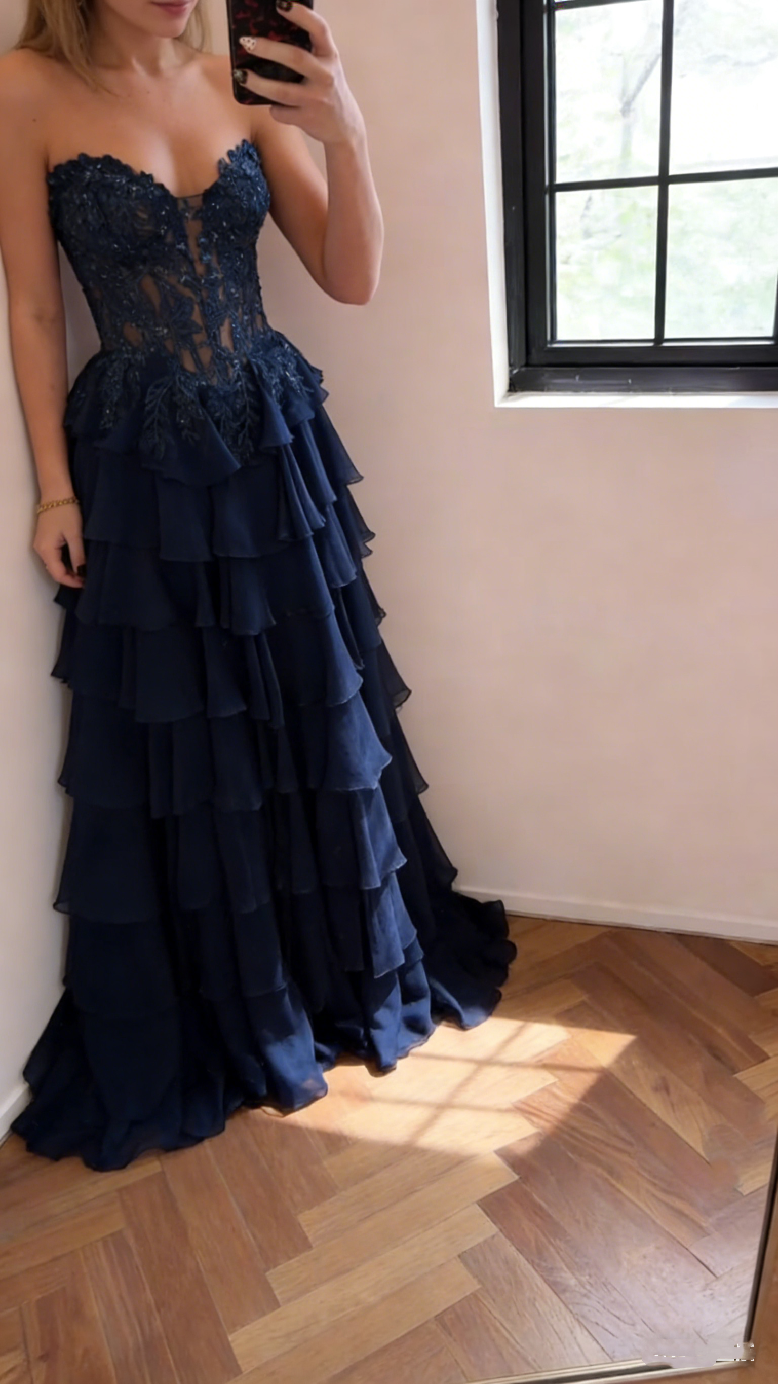 navy blue birthday dress Gorgeous Strapless Chiffon Layered Long Party – Simplepromdress Festival Tops Size:14W Make a statement with Maggy London Print Asymmetric