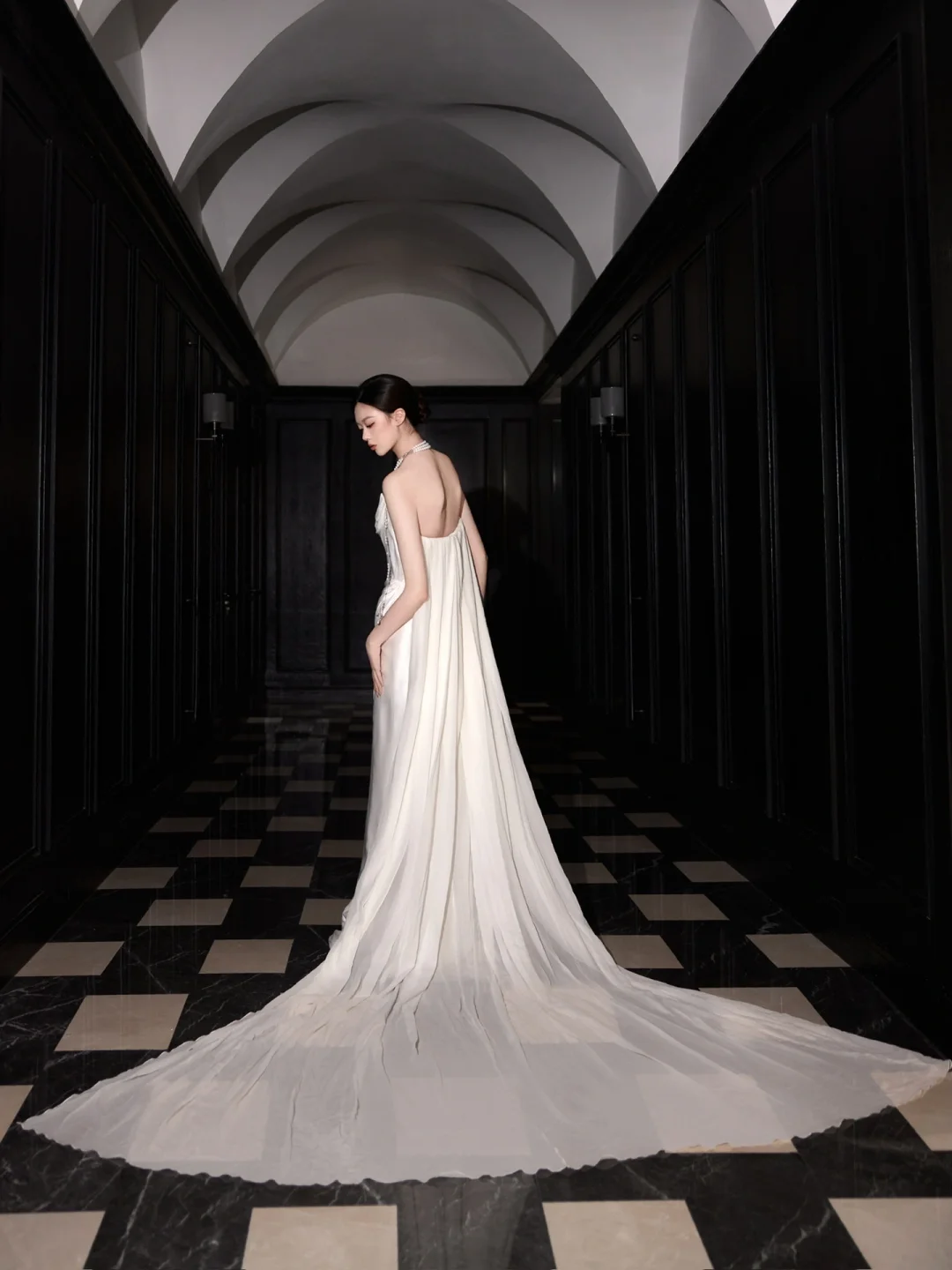 Classy White Satin Chiffon Mermaid Prom Dress,Strapless Long Wedding Dress Y8591