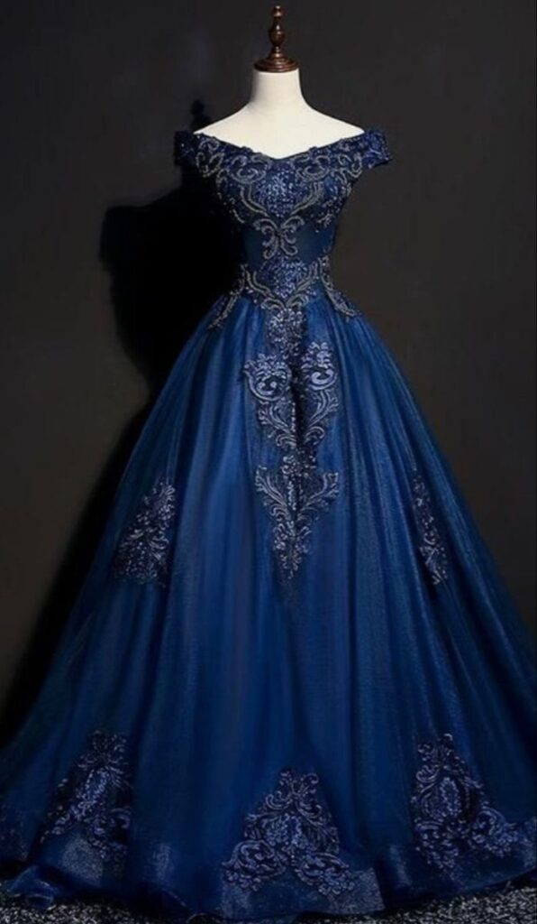 Unique Off The Shoulder Tulle Sequins Appliques Prom Dress,Navy Blue A Line Evening Dress Y8377