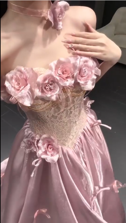 Glamorous Pink Strapless Satin Lace Long Prom Dress Party Gown With 3D Flowers SP2176