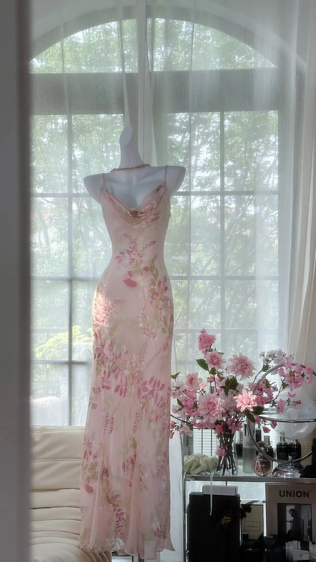 Sweet Pink Delicate Floral Long Chiffon Evening Dress Birthday Party Dress Y9795