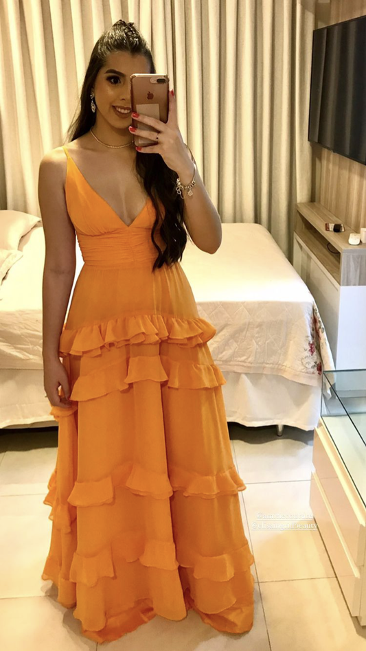 Elegant A-line Orange V Neck Long Prom Dress Y2692