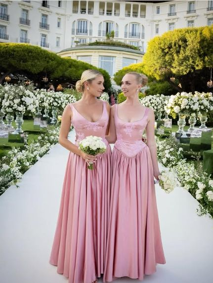 Elegant A Line V Neckline Pink Satin Evening Dress Bridesmaid Dress Y8808