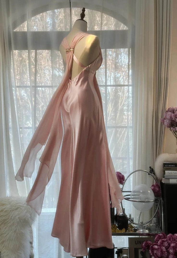 Simple Pink Deep V Satin Chiffon Backless Party Dress Evening Dress Y8742