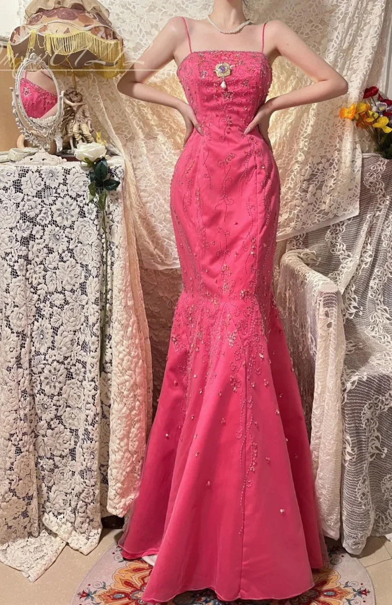 Charming Spaghetti Straps Satin Beaded Mermaid Prom Dress Hot Pink Long Party Dress SP409