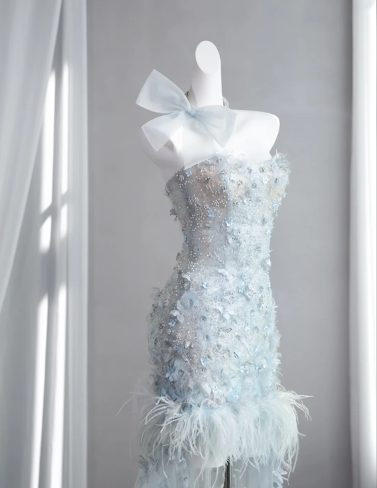 Elegant Light Blue Strapless Tulle Beaded Mermaid Long Wedding Guest Dress Formal Party Dress With Butterfly Appliques SP1512