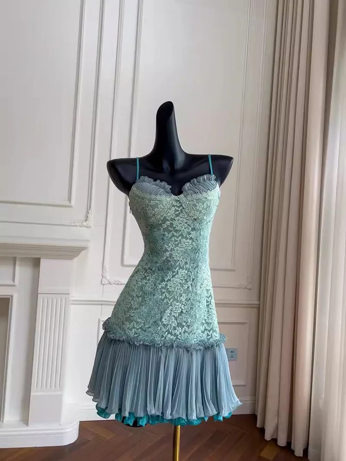 Cute Tiffany Blue Lace Short Graduation Homecoming Dress Formal 19th Birthday Outfits Y9941