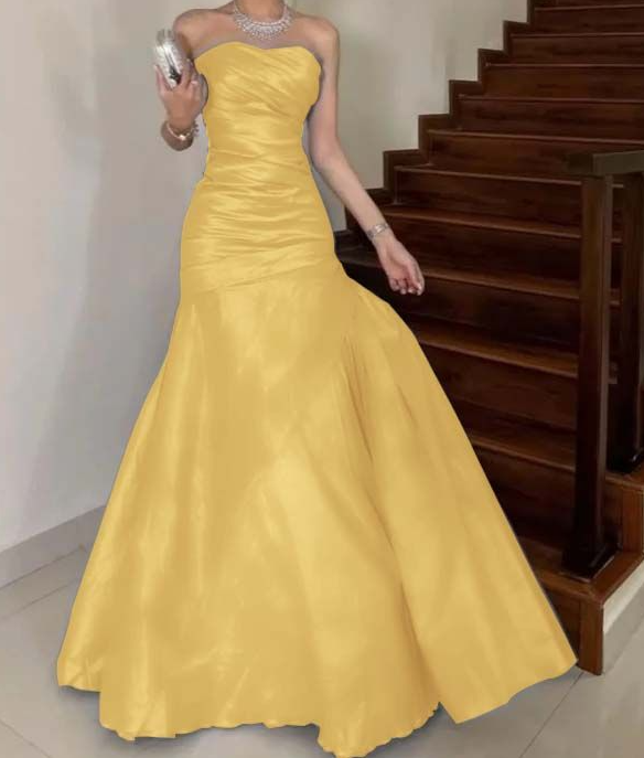 Fashion Yellow Strapless Satin Pleated Mermaid Long Wedding Guest Dress Formal Birthday Party Dress SP1275
