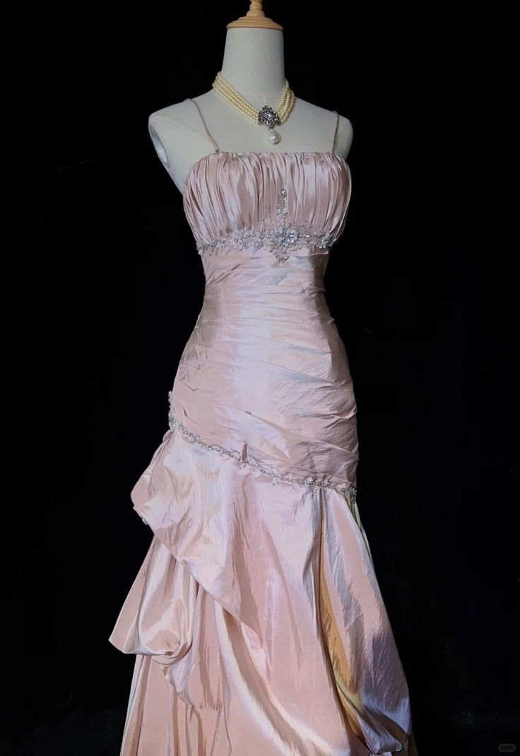 Gorgeous Spaghetti Straps Satin Pleated Beaded Evening Dress,Pink Mermaid Prom Dress Y8744