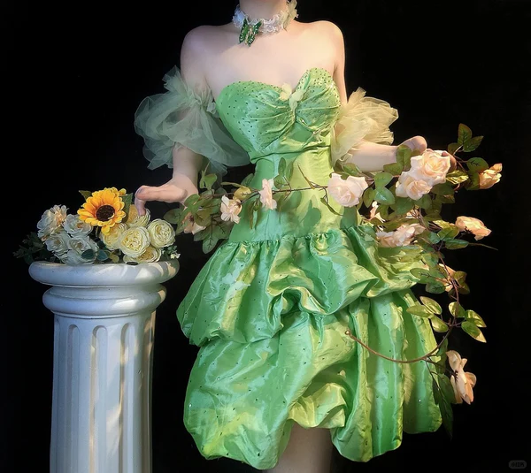 Cute Green Sweetheart Neck Satin Beaded Layered A Line Short Homecoming Dress Formal Birthday Outfits Y9440