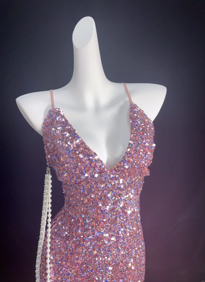 Glitter Pink Spaghetti Straps Sequin Sheath Homecoming Dress Short Birthday Outfits SP348