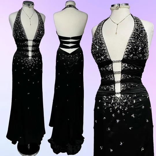 Stylish Black Satin Beaded Mermaid Long Evening Dress Birthday Party Dress Y9771