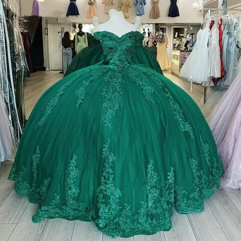 Off Shoulder Lace Tulle Quinceanera Dresses Dark Green Applique Ball G Simplepromdress Off Shoulder Lace Tulle Quinceanera Dresses Dark Green Applique Ball G Simplepromdress