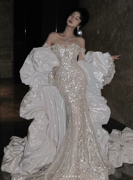 Classy Off The Shoulder Mermaid Evening Dress,White Tulle Sequin Long Party Dress Prom Dress Y8706