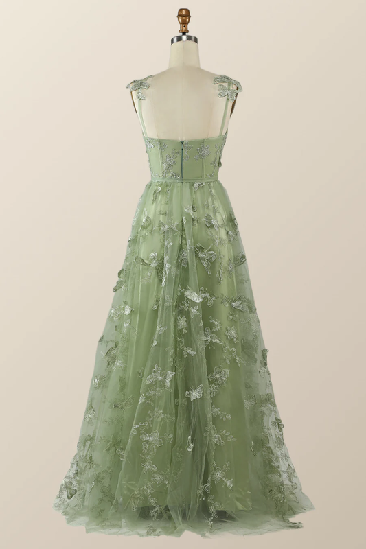Sage Green Butterfly A-line Long Formal Dress Evening Dress Y2801