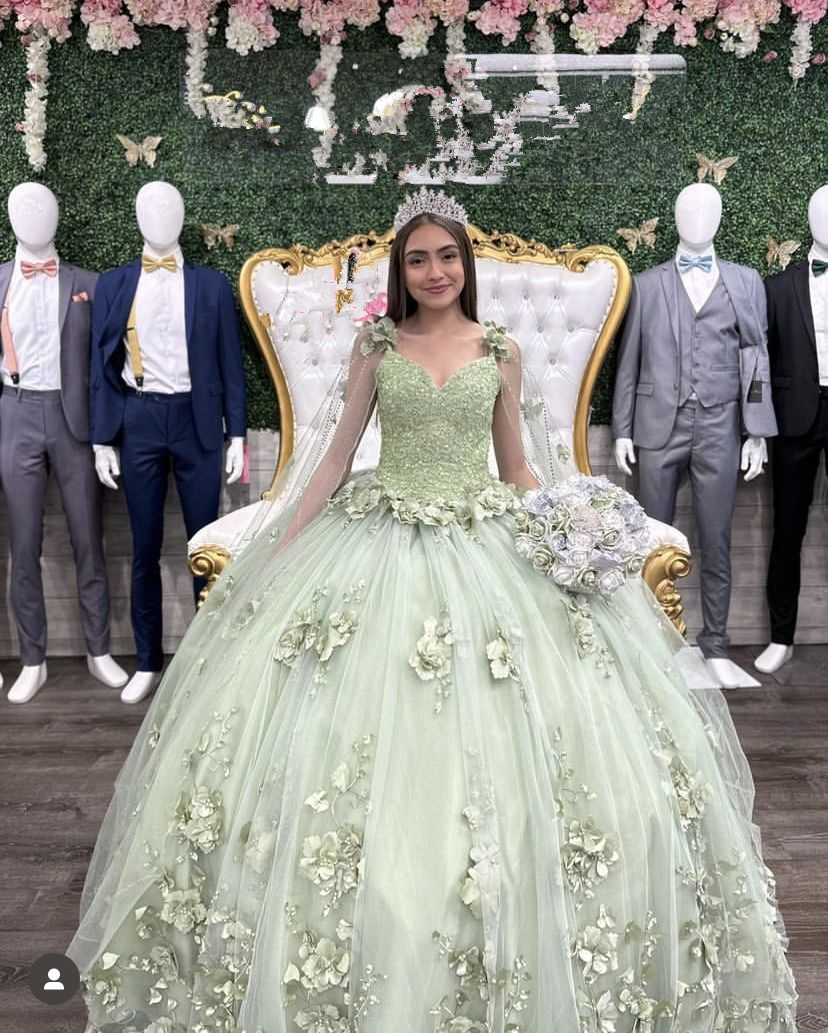 Charming Sage Green Ball Gown Sweet 16 Dress 3D Flowers Princess Dress Simplepromdress