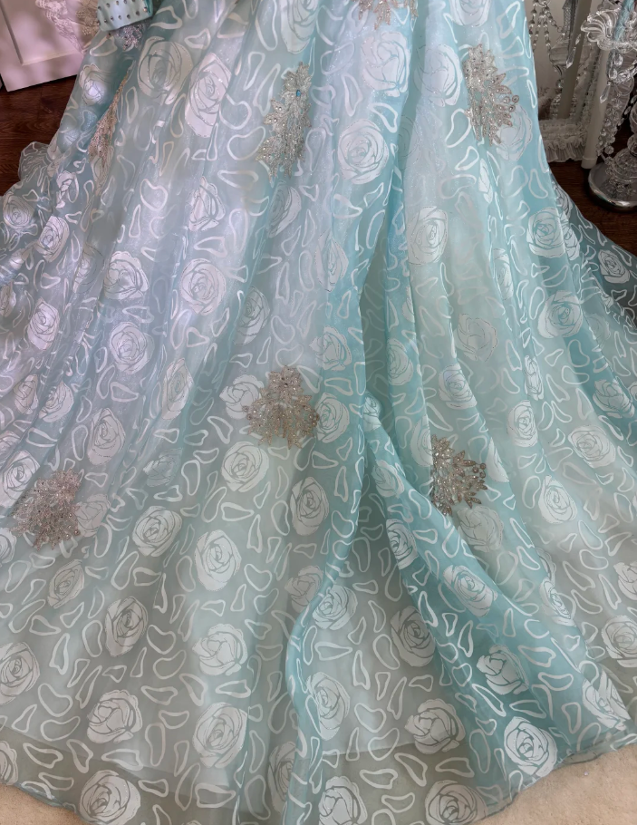 Charming Spaghetti Straps Tulle Rose Floral Mermaid Prom Dress, Blue Appliques Beaded Long Birthday Party Dress SP1464