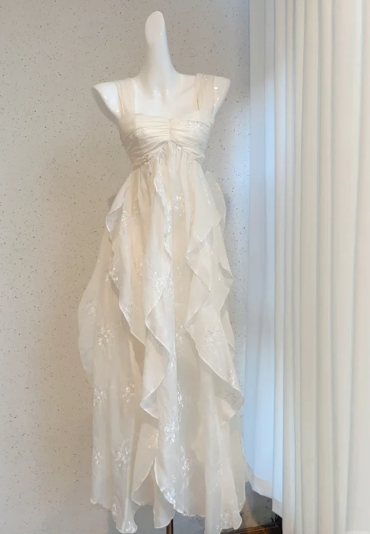 Classy Off-white Chiffon Ruffles Long Party Dress Prom Dress  SP431