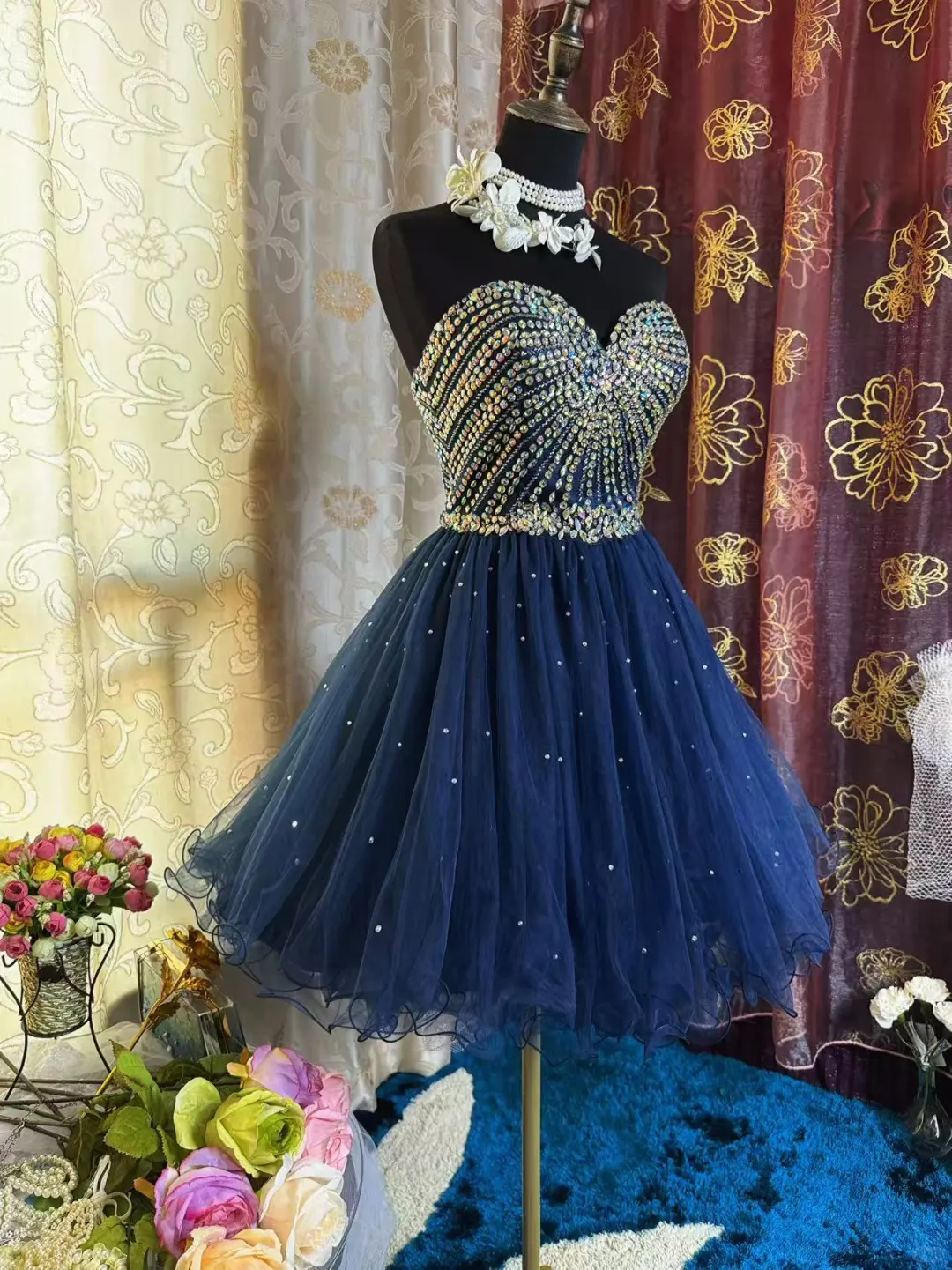 Vintage Navy Blue Tulle Beaded A Line Short Homecoming Dress Sexy Cocktail Dress Y9494