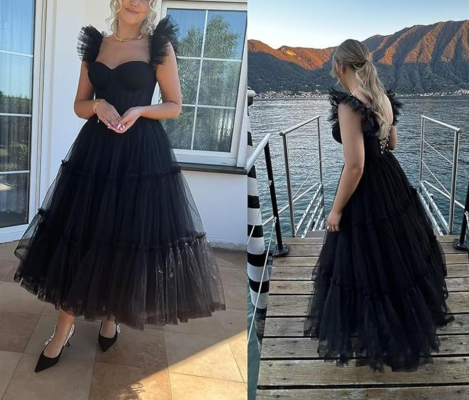 Ruffled Sleeves Tulle Prom Dress, Tiered Ruffled A-line Skirt, Bridesmaid Party Dress, Graduation Dress Y1246