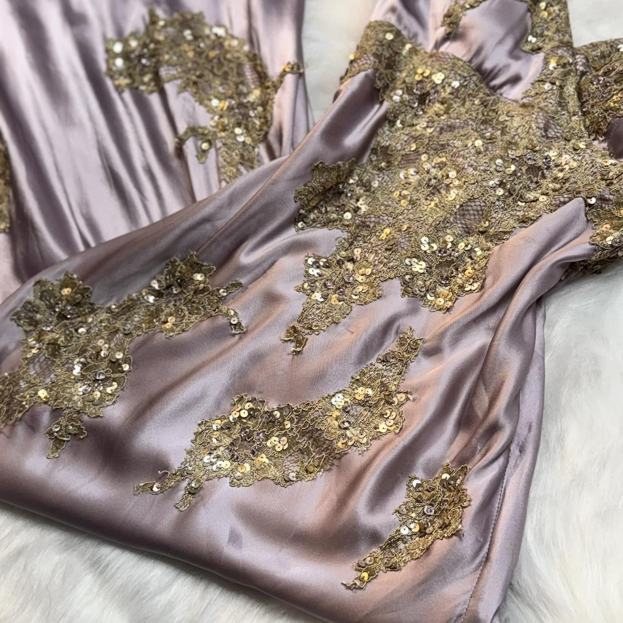 Classy Spaghetti Straps Purple Satin Gold Appliques Side Slit Long Prom Dress Party Dress Y9715