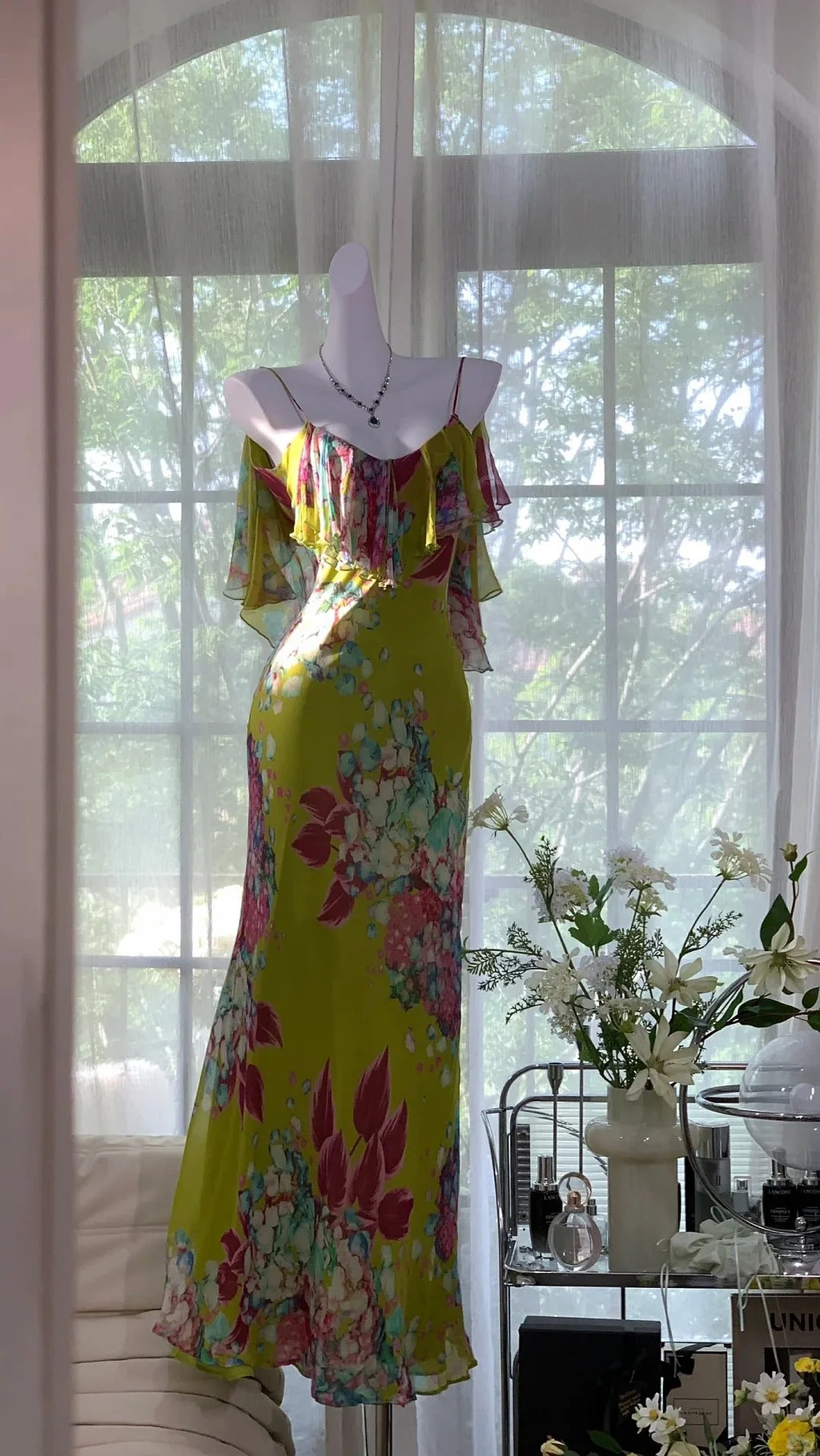 Romantic Green Backless Long Chiffon Print Floral Evening Dress Birthday Party Dress Prom Dress Y9775