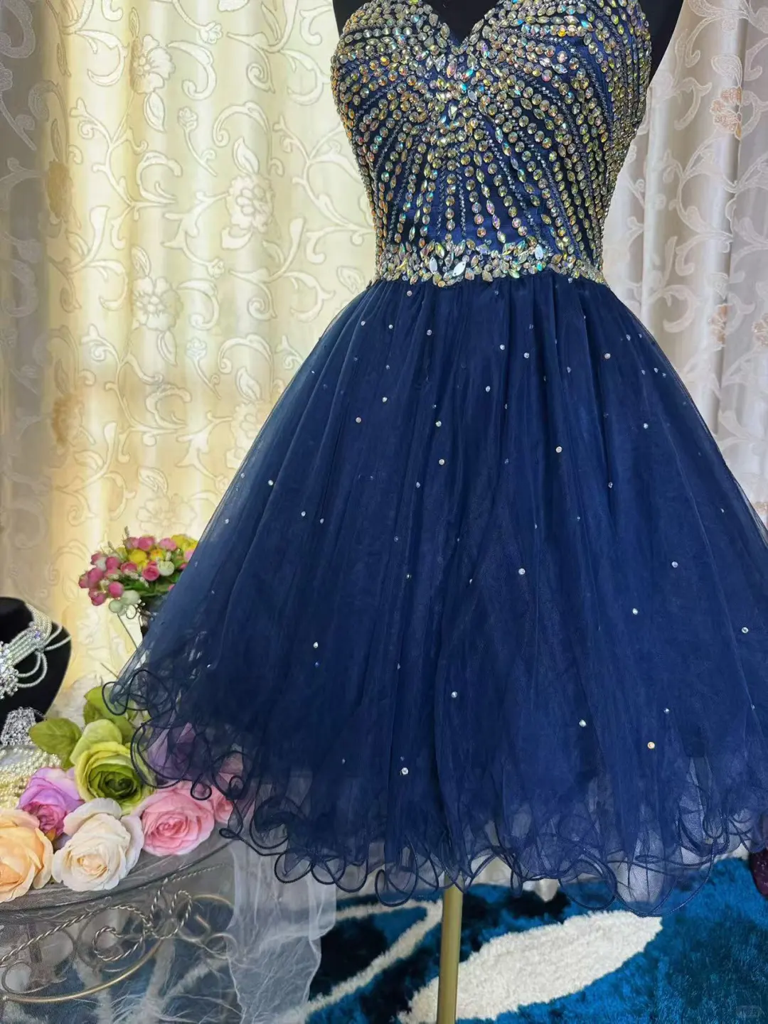 Vintage Navy Blue Tulle Beaded A Line Short Homecoming Dress Sexy Cocktail Dress Y9494