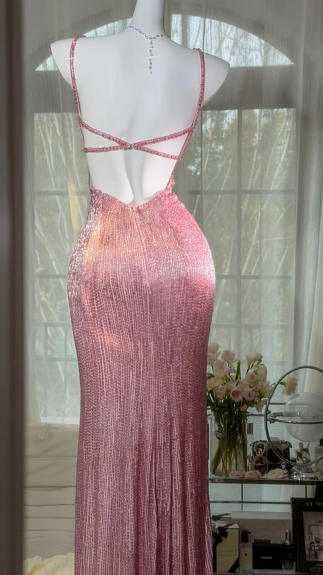 Elegant Spaghetti Straps Pink Butterfly Sequin Beaded Chiffon Slit Mermaid Long Prom Dress Backless Evening Gown SP2182
