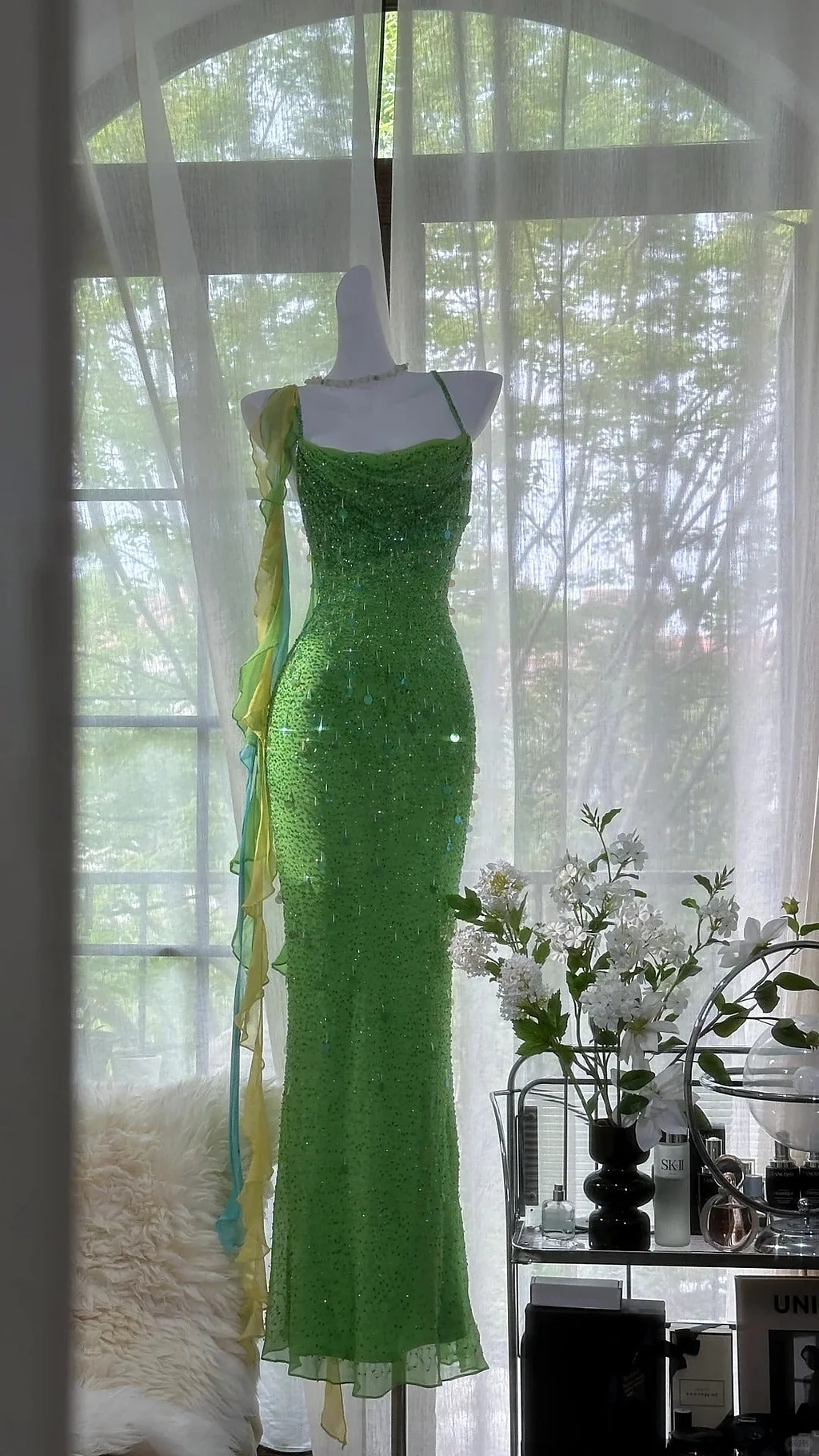Gorgeous Spaghetti Straps Green Chiffon Sequins Evening Dress Backless Beaded Party Dress Y8708