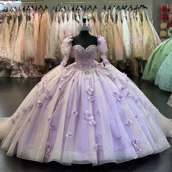 Lilac 3D Flowers Ball Gown Quinceanera Dresses Puff Long Sleeves Y6580