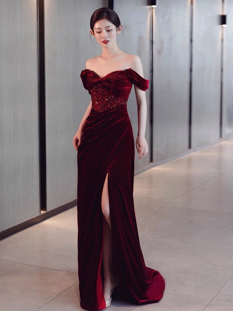 Charming Burgundy Velvet Mermaid Prom Dress Y6602