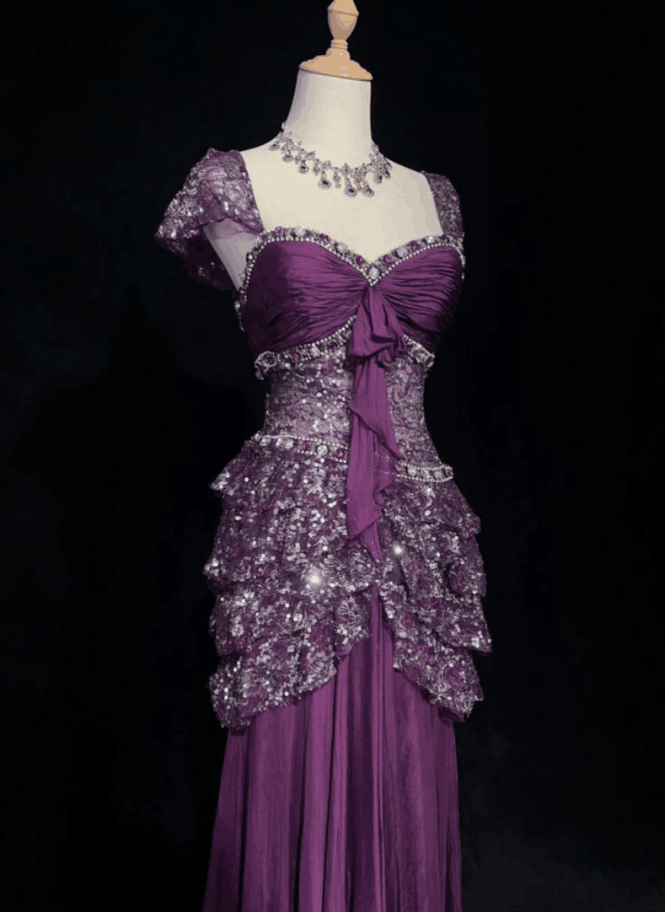 Vintage Purple Satin Sequin Beaded Mermaid Long Birthday Outfits Evening Gown SP1152