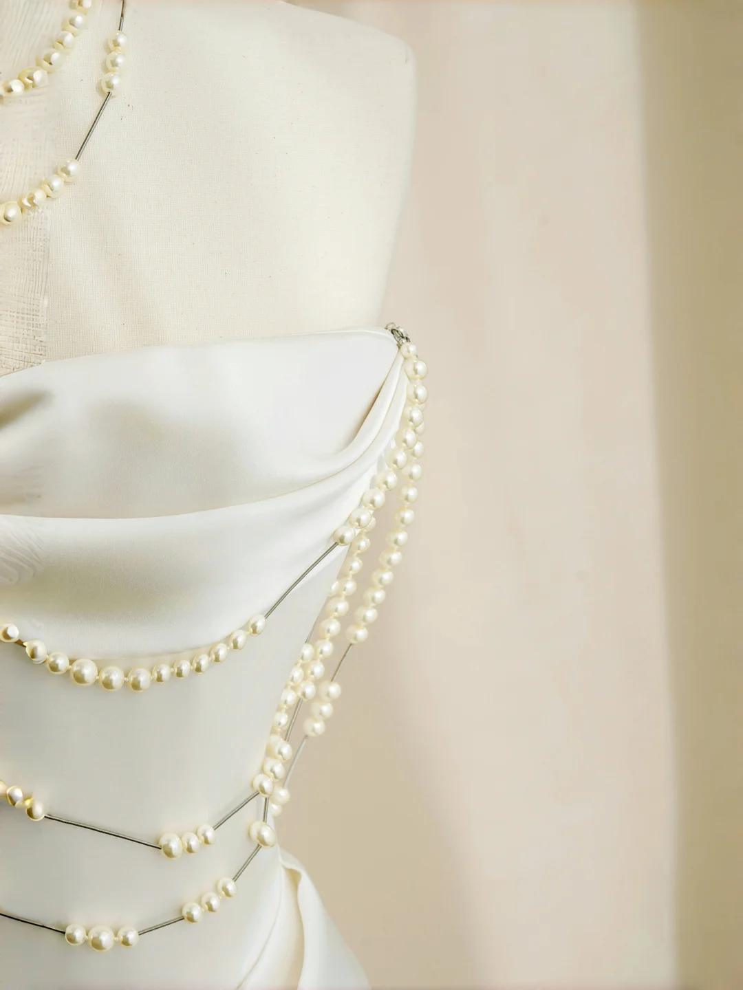 Classy Strapless Satin Pearls Chain White Prom Dress,A Line Evening Dress Y8684