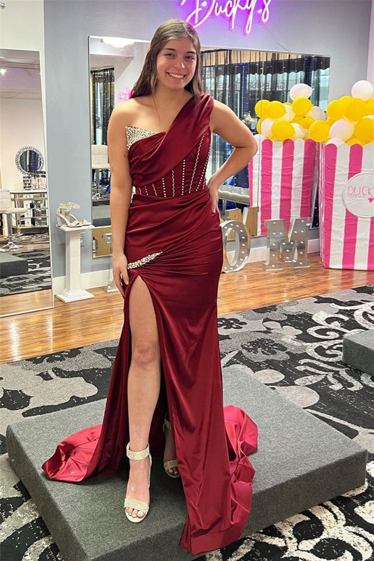 Burgundy One Shoulder Boning Beaded Satin Long Prom Dress with Slit Y5 Simplepromdress Burgundy One Shoulder Boning Beaded Satin Long Prom Dress with Slit Y5 Simplepromdress