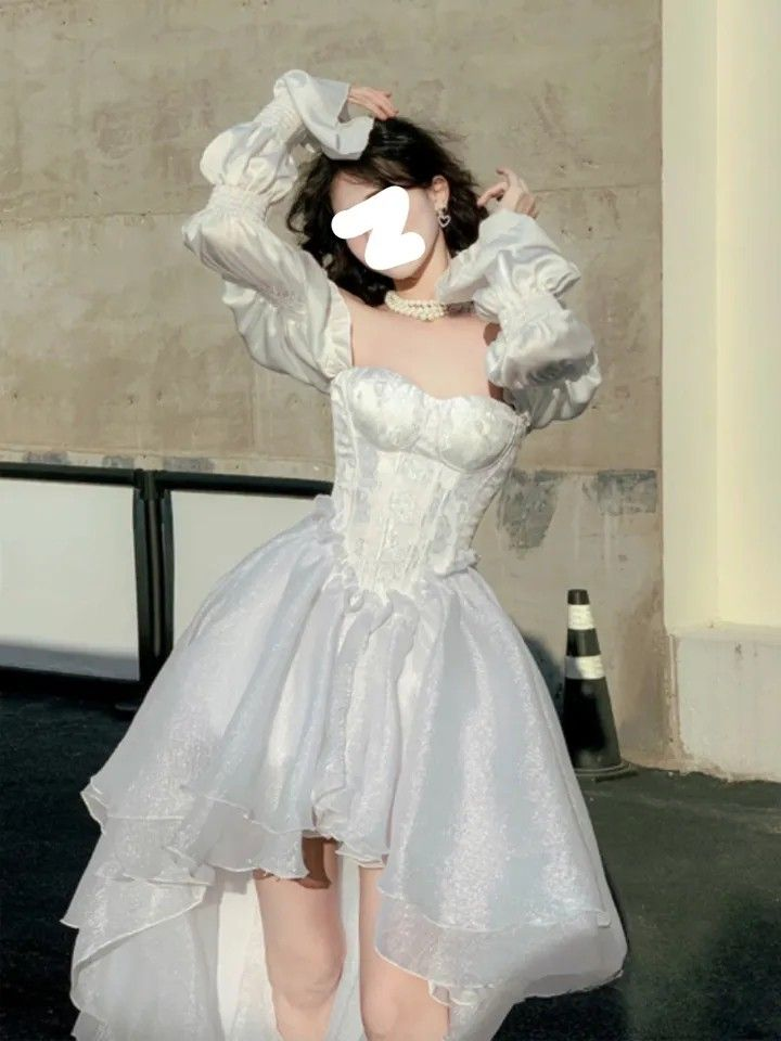 White Tea Break Dress, Romantic Prom Dress,Ruffle Corset Top, Graduation Dress, Flowy Princess Dress Y5384