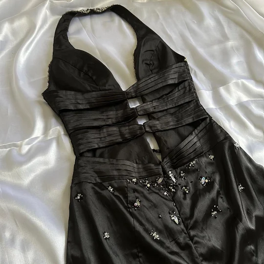 Stylish Black Satin Beaded Mermaid Long Evening Dress Birthday Party Dress Y9771