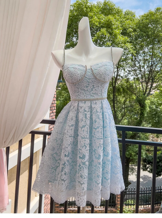 Cute Blue Lace Spaghetti Straps Beaded Homecoming Dress Mini Birthday Party Gown Y8824